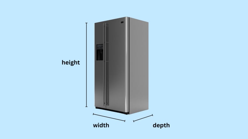 A refrigerator sits on a blue background with arrows showing where to measure