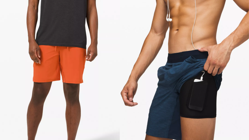 man puts phone into lululemon shorts pocket