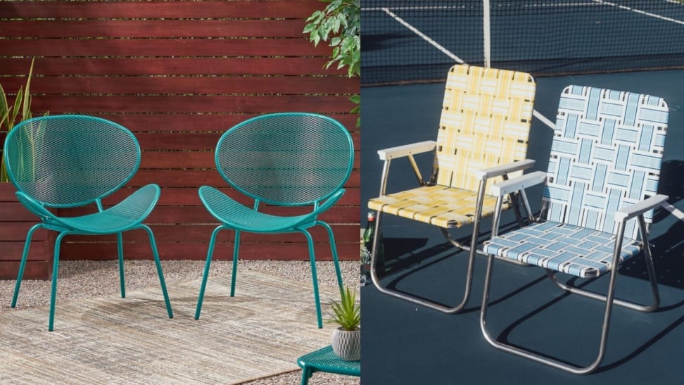 Left: Teal Blue Curve Chairs; Right: Fold-Up Lawn Chairs