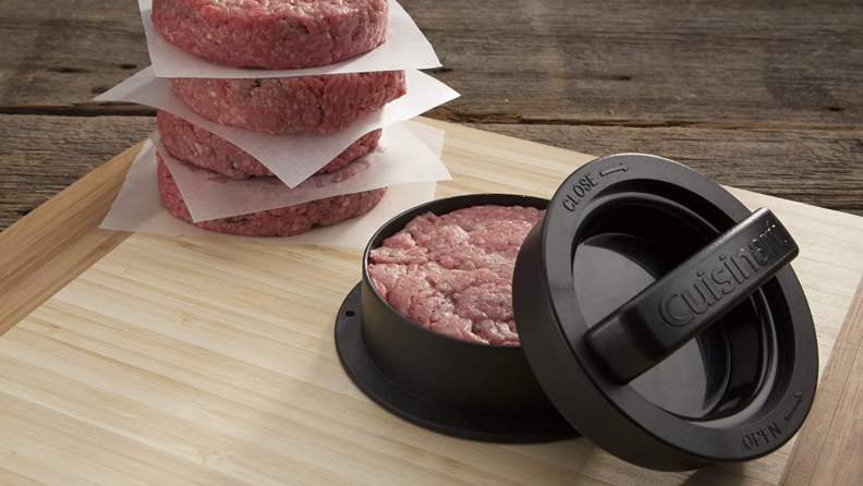 The Cuisinart burger press forms burger patties for a meal.