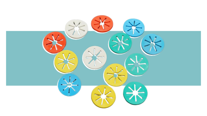 A  collection of multi-colored, circular sock holders on a colorful background