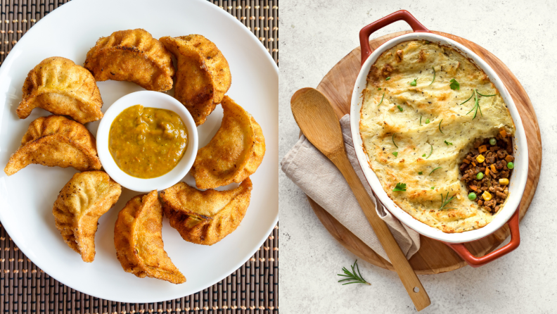 On left, fried turkey dumplings arranged on a dish. On right, a turkey shepherd's pie.