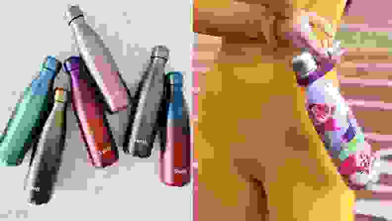 On the left: 6 different colored aluminum water bottles on aa white background. On the right: A person's hand holding a flower-print water bottle
