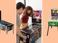 A collage featuring two pinball machines with a photo of two people playing a Marvel pinball machine.