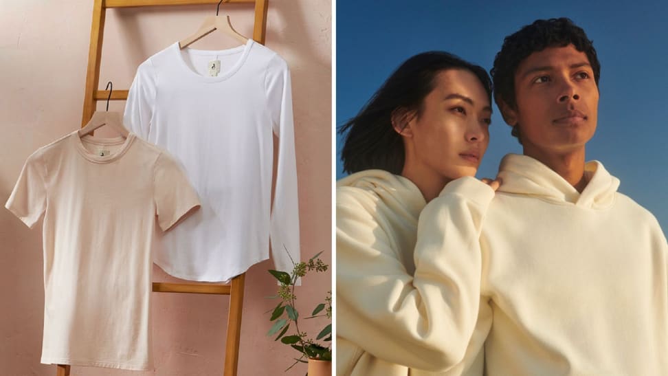 A photo of two T-shirts hanging next to a photo of two people in white sweatshirts