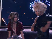 Cloud and Aerith from Final Fantasy VII Rebirth. They're having a conversation while fireworks illuminate the night sky behind them.