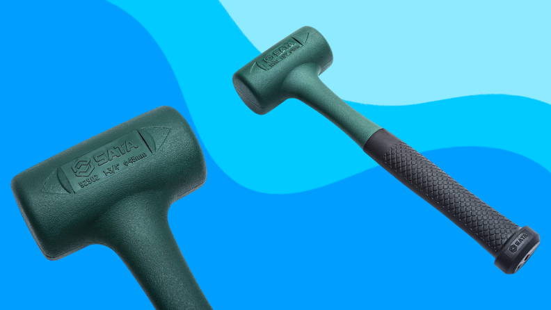 A green mallet against a blue background.