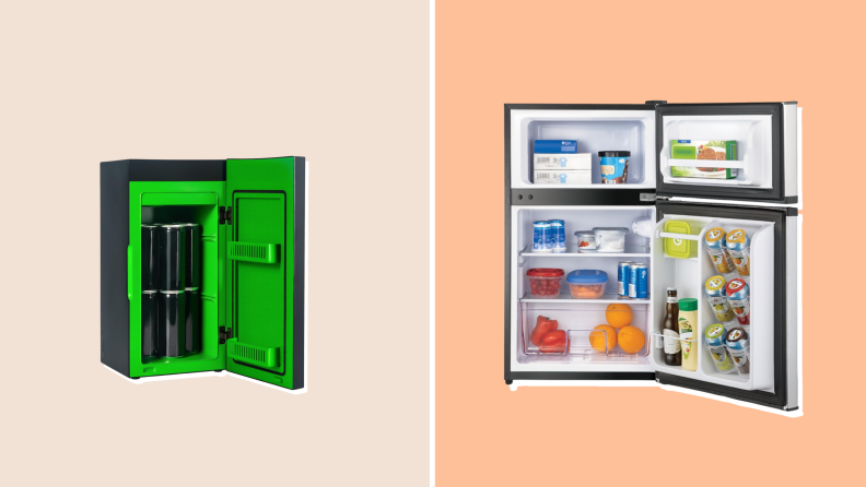 Left: Xbox thermoelectric cooler. Right: Insignia mini-fridge. Both open to show contents inside.