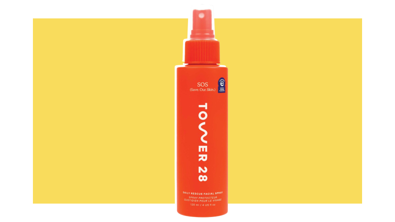 Bottle of Tower 28 SOS Daily Rescue Facial Spray in orange bottle.