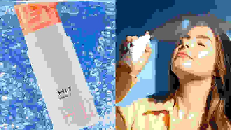 On the left: The Item beauty One Hit setting spray bottle floating in water. On the right: Addison Rae spraying her face with the One Hit.