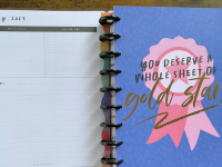 ADHD planner opened to showcase colorful calendar page on top of wooden surface.