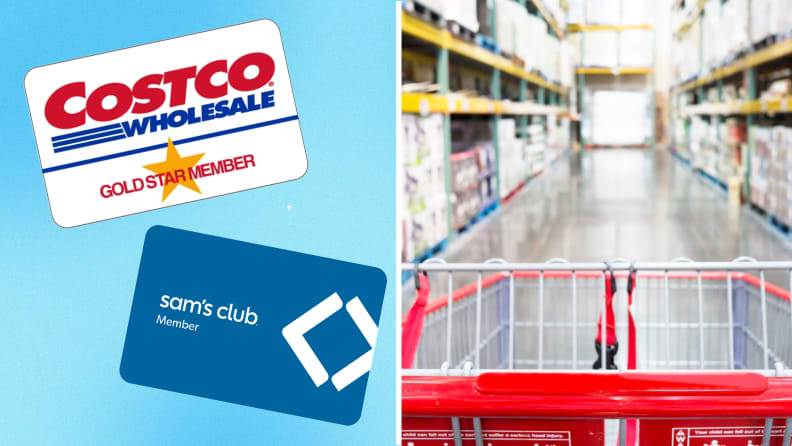 On left, two membership cards for Sam's Club and Costco. On right, shopping cart in middle of aisle in bulk grocery store.