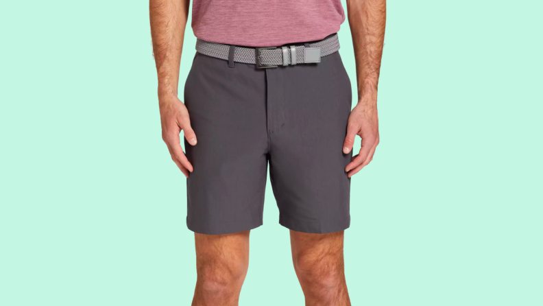 An image of a pair of gray seven-inch inseam shorts.