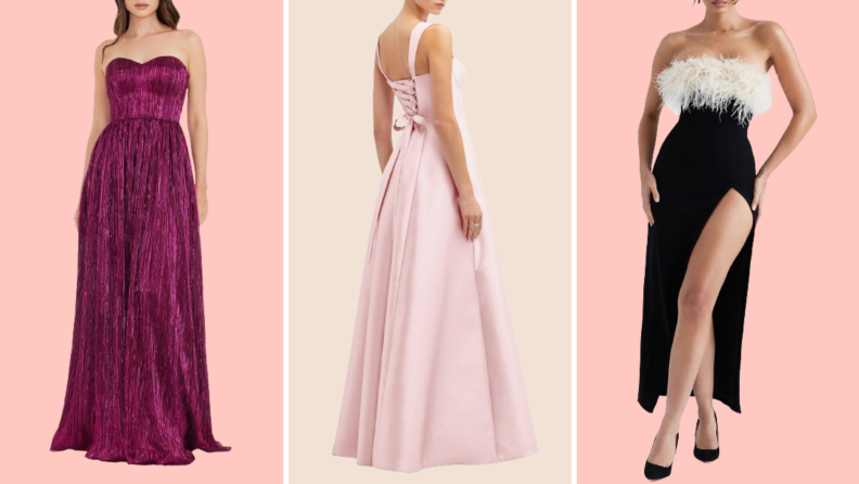 Three gowns: One is purple and strapless, one is pink with a corseted back, and the last is a black dress with white feathered bodice.