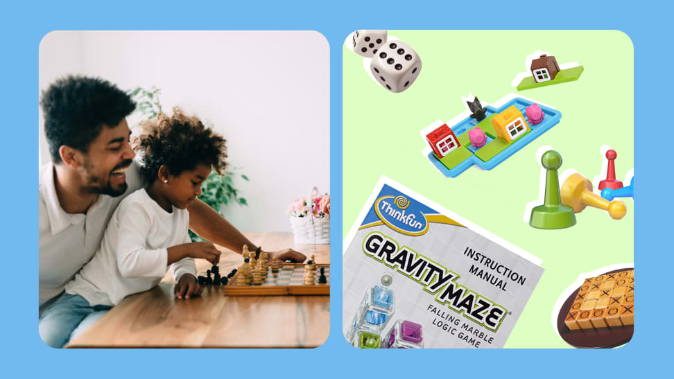 Two inset images: A parent and child play a game of chess and an assortment of children's board games and toys.