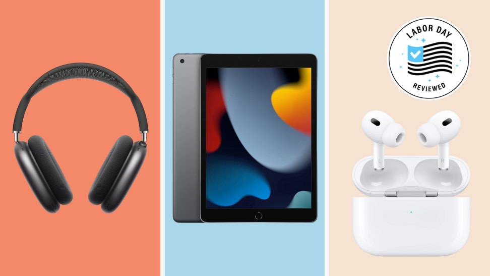 A collage of AirPods, Apple headphones, and an iPad with a Labor Day badge in the corner.