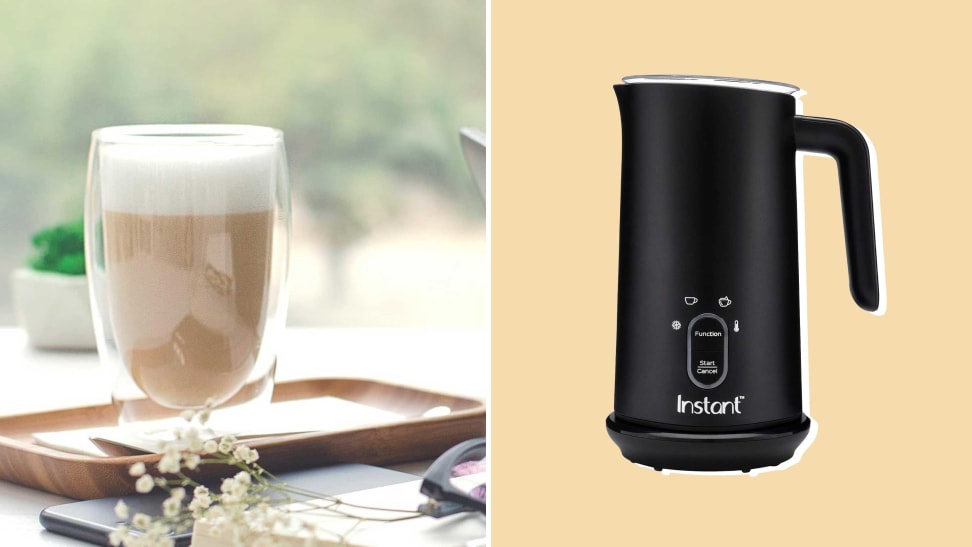 Photo collage of the Instant Pot instant Milk Frother next to two cups of coffee.