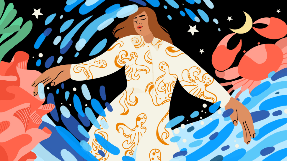Illustration of a woman wearing a printed dress surrounded by floating blobs of color. A red crab is in the background.