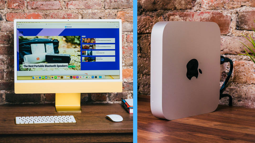 Left: The iMac sits on a desk, turned on. Right: the Mac Mini lays flat on a desk.