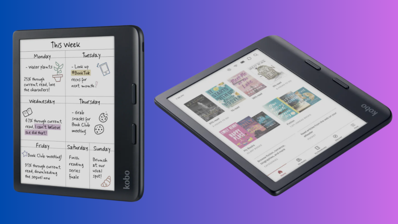 A Kobo e-reader sits on a blue and purple background