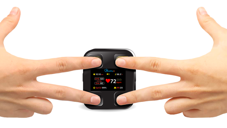Two pairs of fingers touch the Healthy U at-home cardiac device.