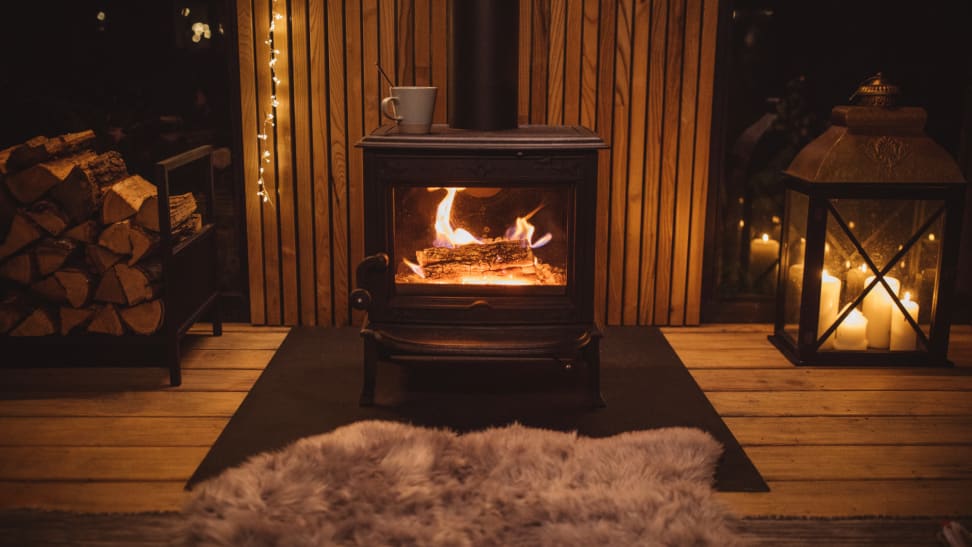 Wood stove in cozy living room.