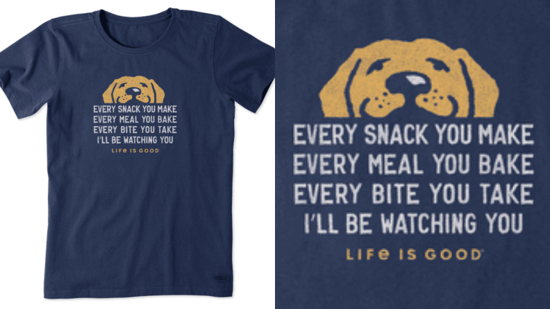 Blue tee with golden retriever face and the text "Every snack you make, every meal you bake, every bite you take, I'll be watching you"