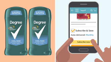 A colorful collage with Degree deodorant and an Amazon Subscribe & Save graphic.