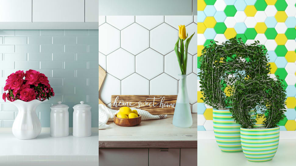 Three images of tiled backsplash walls.