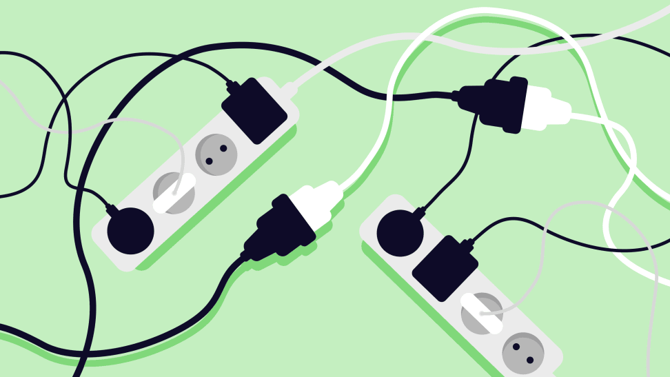 Illustration of power cords plugged into surge protectors.