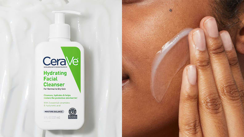 On the left: A white pump bottle of cleanser. On the right: A closeup on a person's face as their hands spreads cleanser onto the skin.