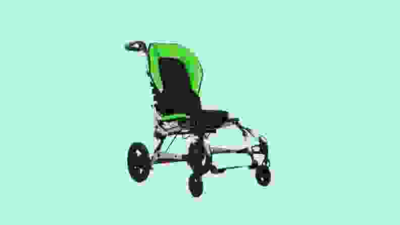 Angled view of the Zippie Sphynx Stroller in green and black.