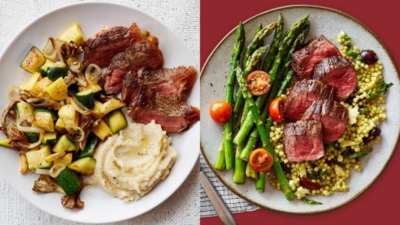 On left, plate of sliced steak served with mashed potatoes and roasted zucchini. On right, sliced steak served with couscous, asparagus, and cherry tomatoes.