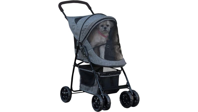 pet stroller with dog inside on white background