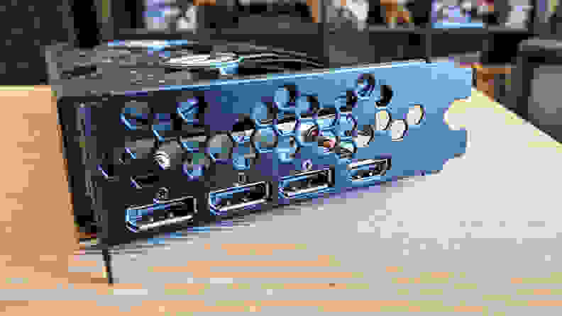 A close up of video ports on the back of a graphics card