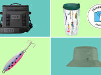 A Yeti backpack against a teal background in the upper left. A Tervis Tumbler with fishing lures prints against a light green background in the upper right. A fishing lure against a light green background in the bottom left. A green hat against a teal background in the bottom right.
