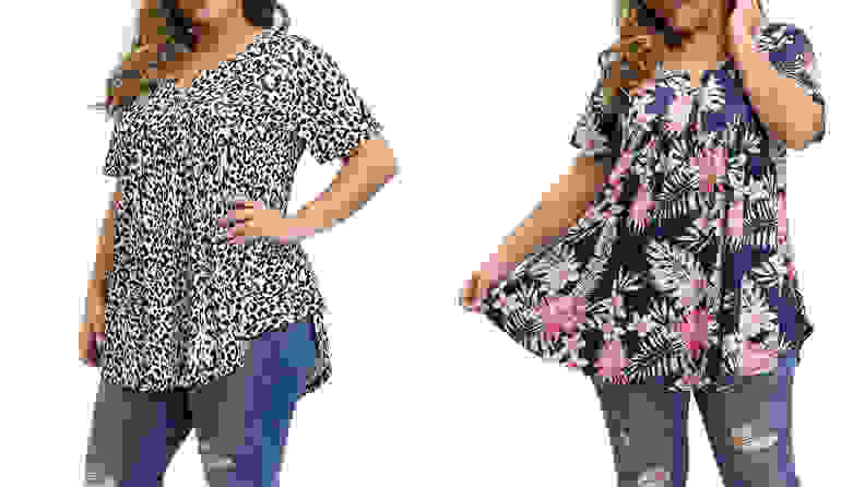 Women wearing blouses with different floral patterns from Amazon