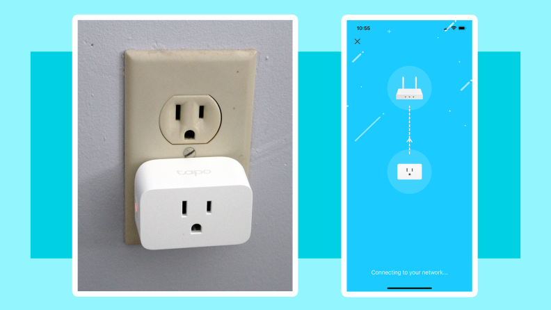On left, Tapo Smart Plug Mini plugged into outlet. On right, screenshot from the Tapo smart app that display a cartoon graphic of a plug and outlet.