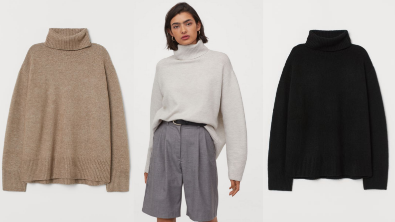 Three images of the same turtleneck sweater. The first is a flat lay of the sweater in tan, the second is an image of a woman wearing the sweater in white tucked into pants, and the third is a flat lay of the sweater in black.