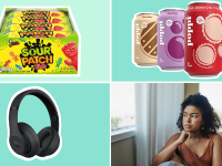 Collage of sour candy, soda cans, black headphones and person looking out of window while sitting on couch.