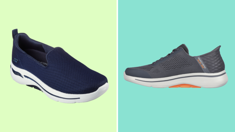 Two pairs of sneakers: On the left is a navy slip on, and on the right is a black slip-on with orange details.