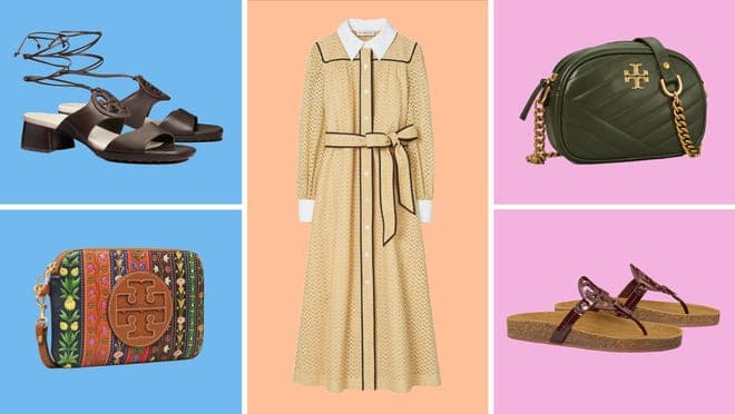 collage with tory burch shoes, crossbody bags, and a long dress in the center