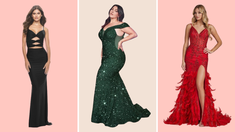 Three dresses: One black dress with cutouts along the bodice, a green crystal dress, and a red dress with a feathered skirt.