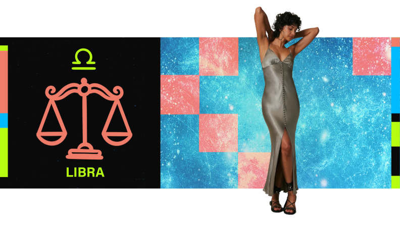 On the left is the symbol for Libra, and on the right is a model wearing a light sage-colored slip dress.