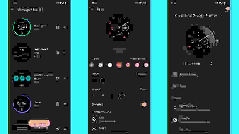 Screen images in black show the watch's various features against a light blue background.