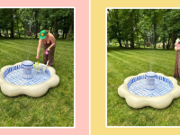 On the right, a woman is filling up the Minnidip Luxe Inflatable Fountain Sprinkler with a water hose, outside. On the left, a woman is holding a dog, standing next to theMinnidip Luxe Inflatable Fountain Sprinkler outside.