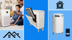 Photo collage of parent and child setting up air purifier via smart phone, the beige Coway Airmega Icon with air filter removed, the BlueAir Dustmagnet 5410i air purifier next to smart phone and two black home icons.