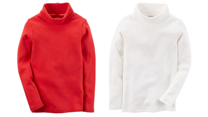 Two images of turlenecks for toddlers, one in bright red and the other in white.