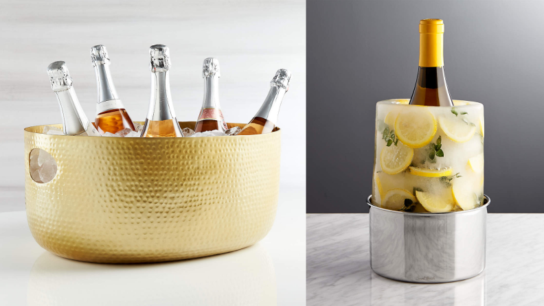 On the left, a gold beverage tub. On the right, an ice mold around a bottle of wine.