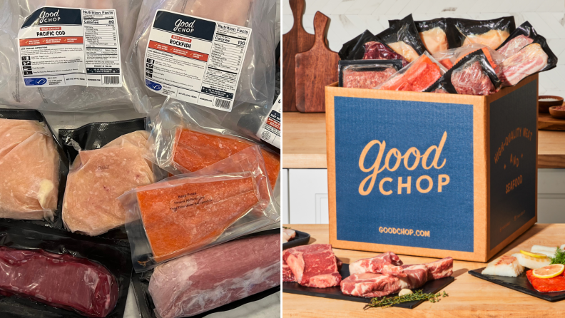 Left: Individually packaged meat and fish in Good Chop packages on a counter. Right: A Good Chop box on a counter overflowing and surrounded by cuts of meat and seafood.